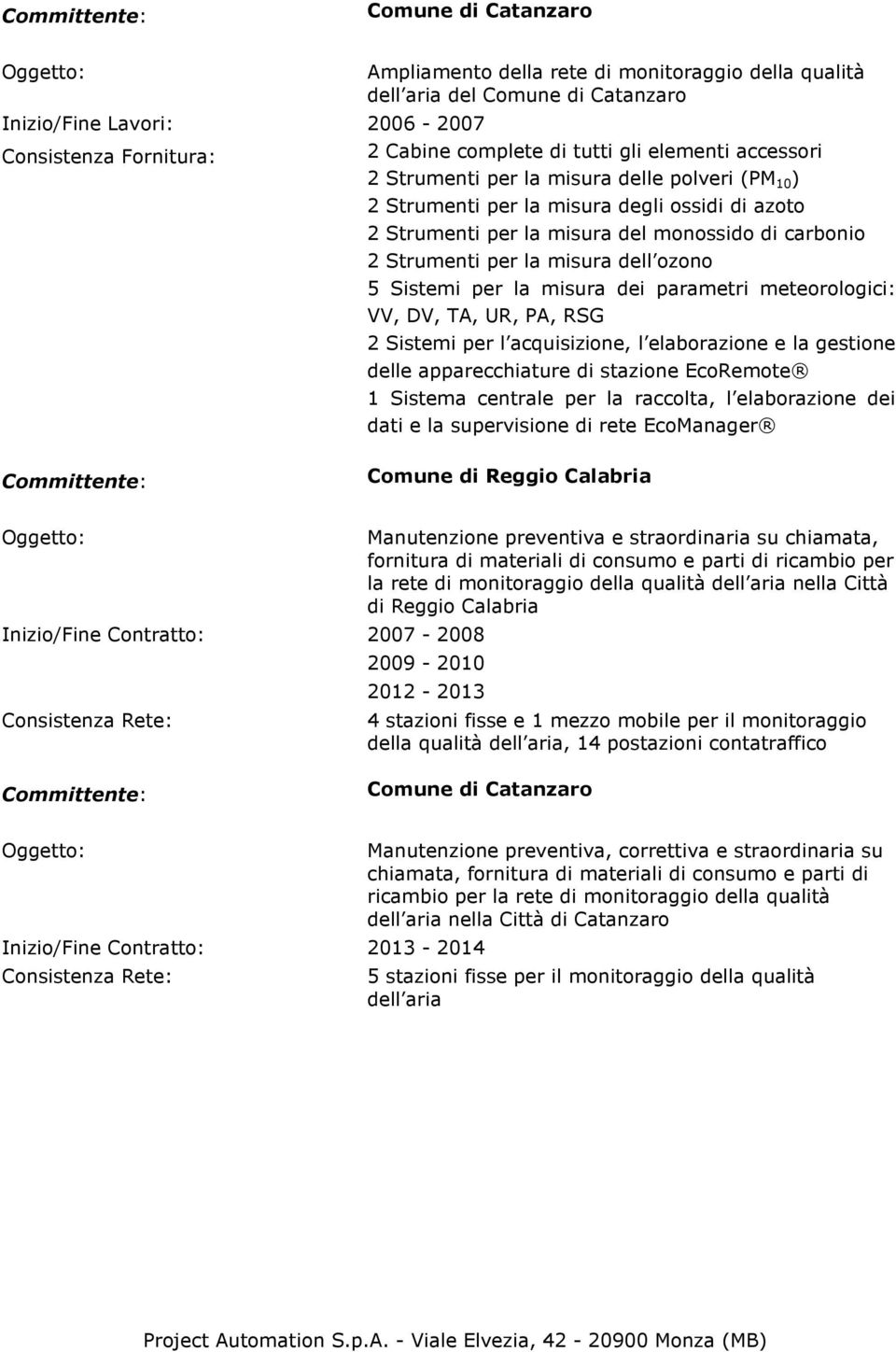 elaborazione e la gestione Comune di Reggio Calabria Inizio/Fine Contratto: 2007-2008 Manutenzione preventiva e straordinaria su chiamata, fornitura di materiali di consumo e parti di ricambio per la