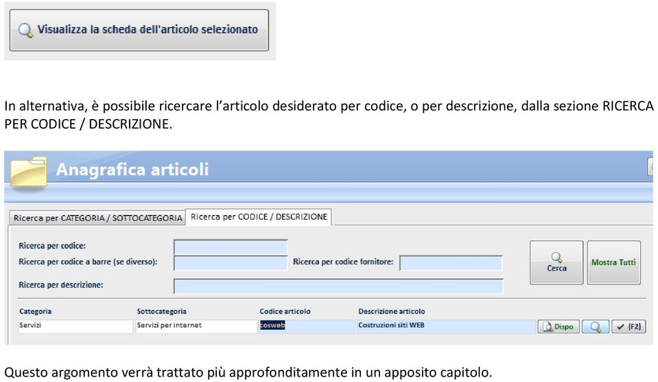 sezione RICERCA PER CODICE / DESCRIZIONE.