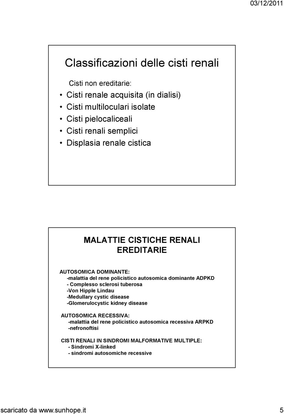 Complesso sclerosi tuberosa -Von Hipple Lindau -Medullary cystic disease -Glomerulocystic kidney disease AUTOSOMICA RECESSIVA: -malattia del rene policistico