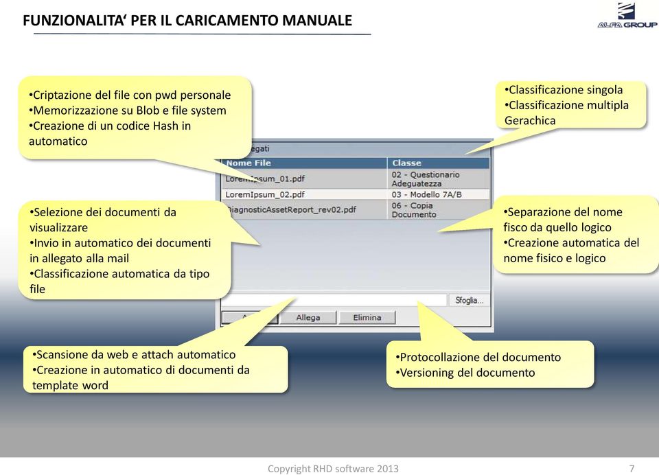 allegato alla mail Classificazione automatica da tipo file Separazione del nome fisco da quello logico Creazione automatica del nome fisico e logico