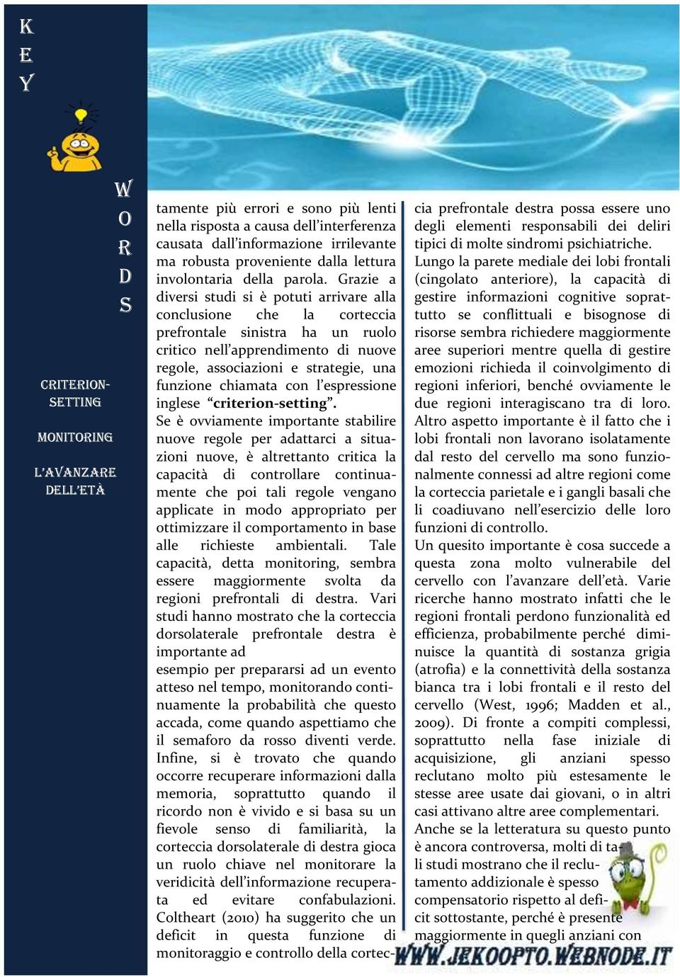 Grazie a diversi studi si è potuti arrivare alla conclusione che la corteccia prefrontale sinistra ha un ruolo critico nell apprendimento di nuove regole, associazioni e strategie, una funzione