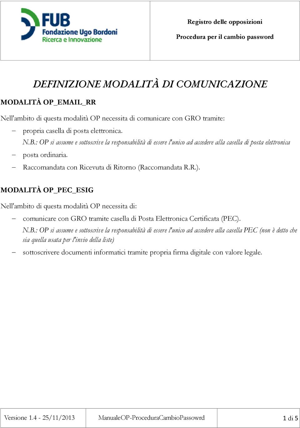 MODALITÀ OP_PEC_ESIG Nell'ambito di questa modalità OP necessita di: comunicare con GRO tramite casella di Posta Elettronica Certificata (PEC). N.B.