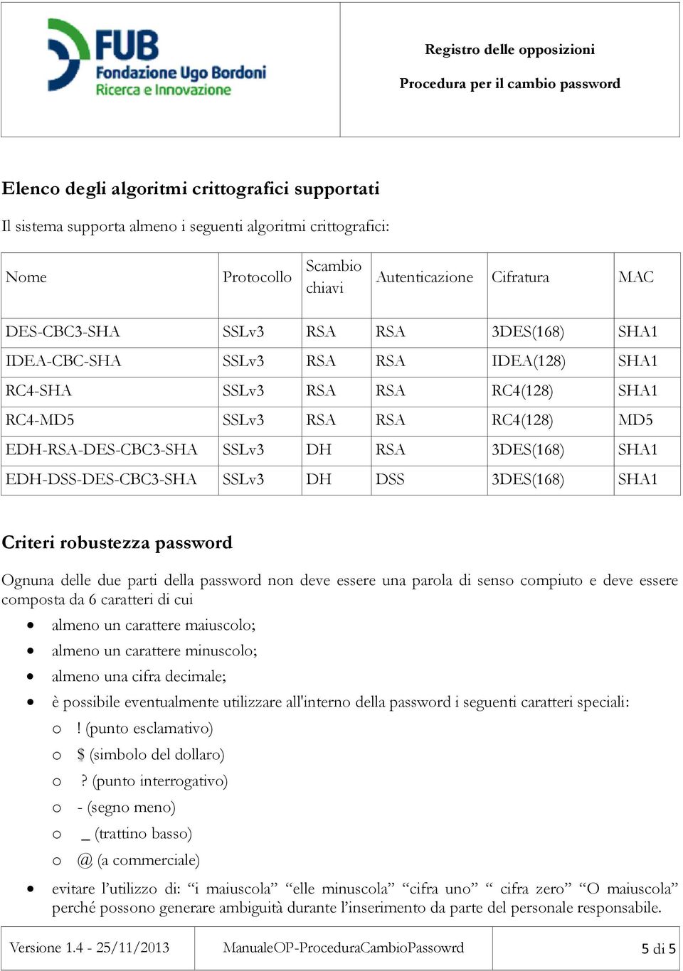 SSLv3 DH DSS 3DES(168) SHA1 Criteri robustezza password Ognuna delle due parti della password non deve essere una parola di senso compiuto e deve essere composta da 6 caratteri di cui almeno un