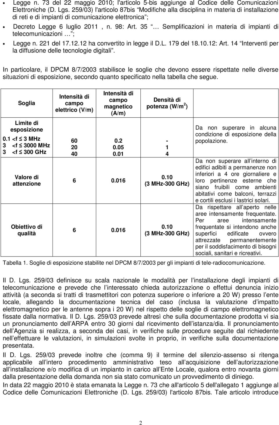 35 Semplificazioni in materia di impianti di telecomunicazioni ; Legge n. 221 del 17.12.12 ha convertito in legge il D.L. 179 del 18.10.12: Art.