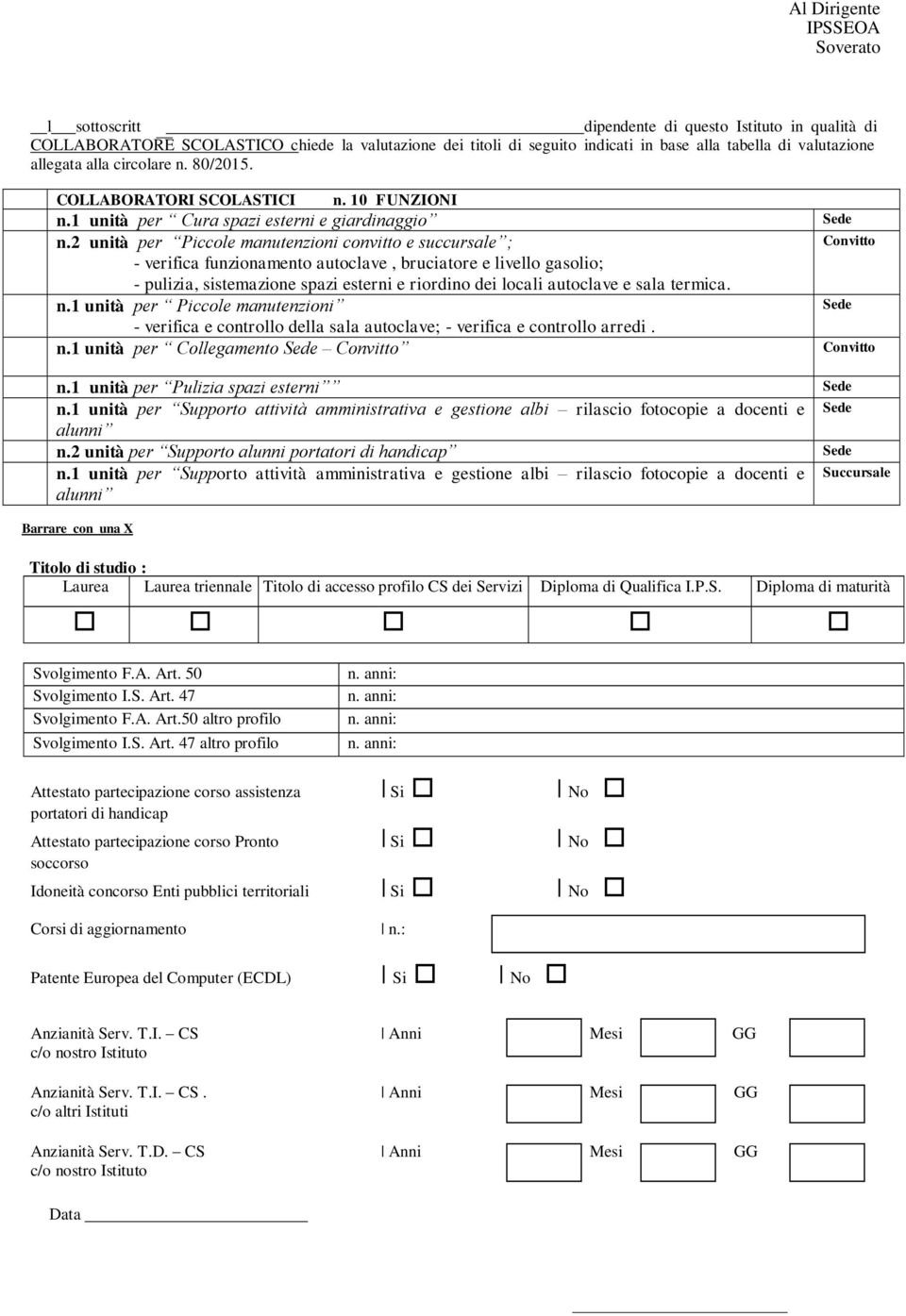 unità per Piccole manutenzioni convitto e succursale ; Convitto - verifica funzionamento autoclave, bruciatore e livello gasolio; - pulizia, sistemazione spazi esterni e riordino dei locali autoclave