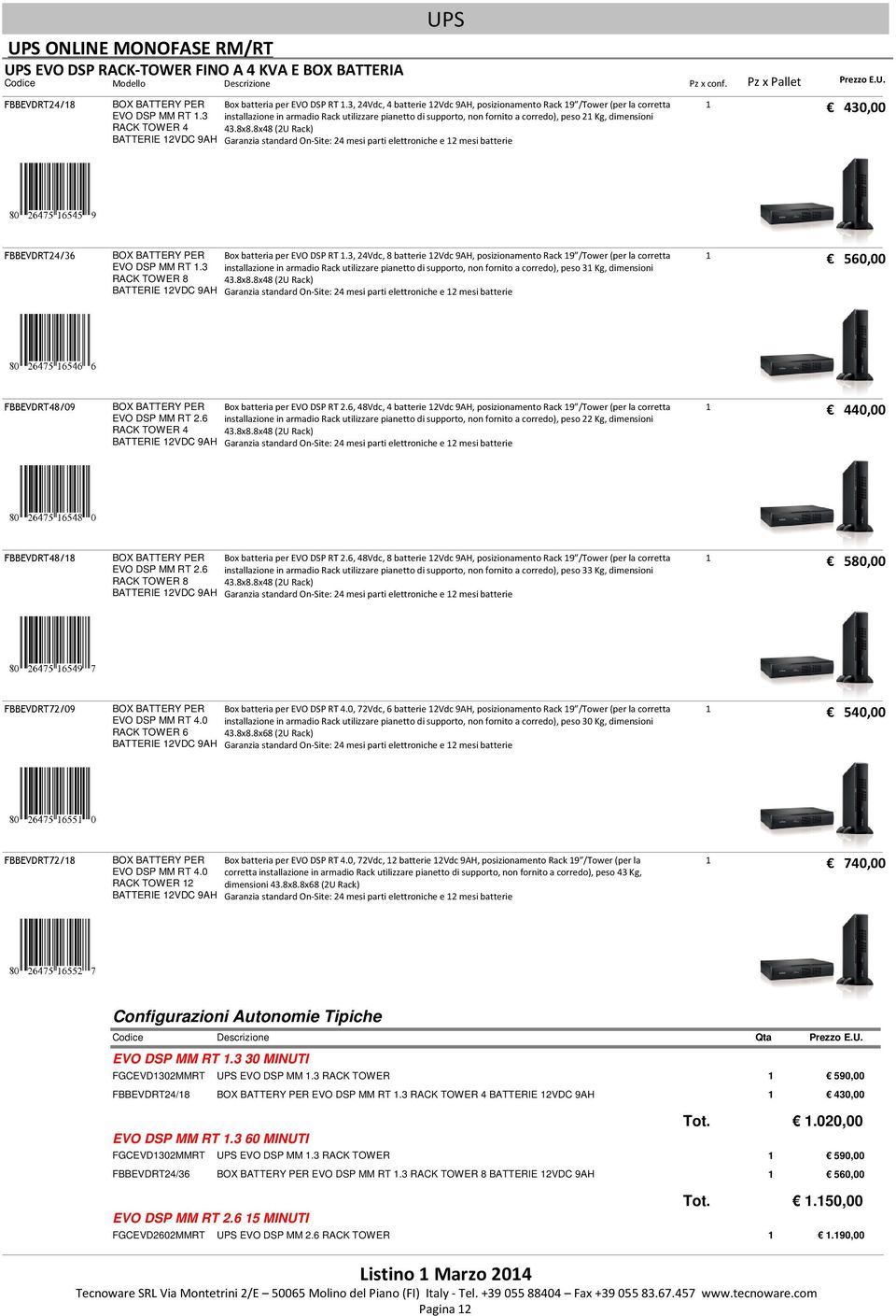 8x48 (2U Rack) Garanzia standard On-Site: 24 mesi parti elettroniche e 2 mesi batterie 43, FBBEVDRT24/36 BOX BATTERY PER EVO DSP MM RT.3 RACK TOWER 8 BATTERIE 2VDC 9AH Box batteria per EVO DSP RT.