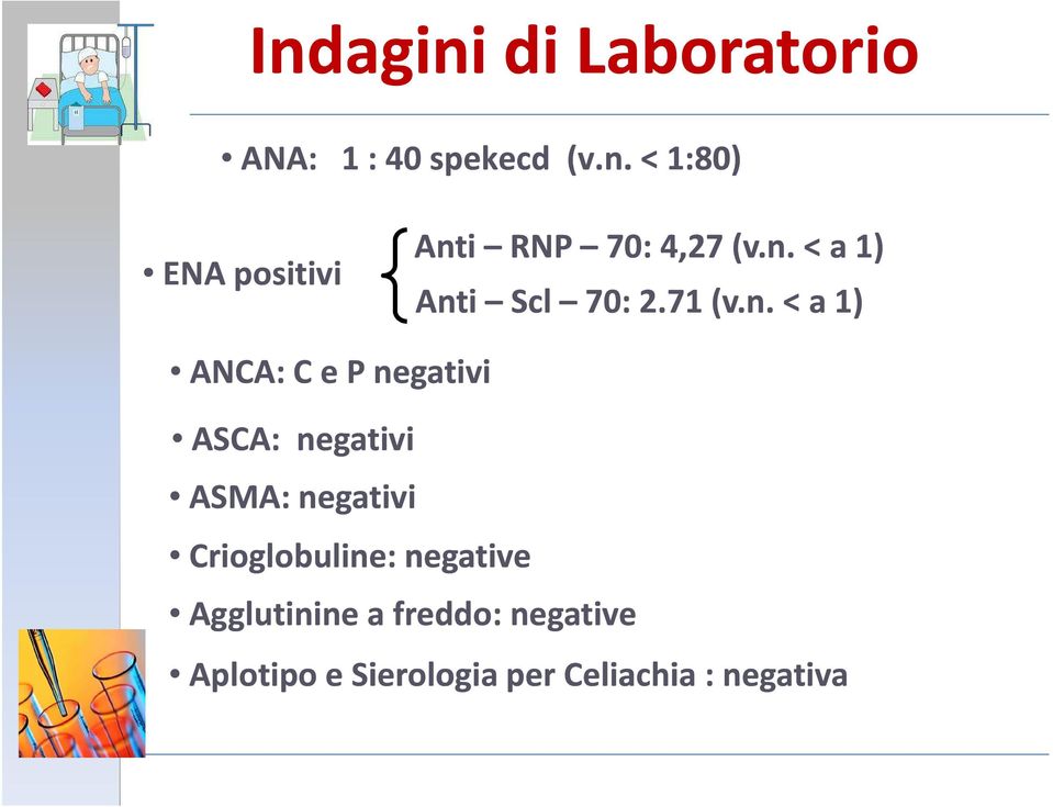 negativi ASMA: negativi Crioglobuline: negative Agglutinine a freddo: