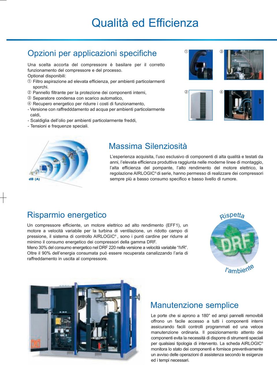 2 Pannello filtrante per la protezione dei componenti interni, 3 Separatore condensa con scarico automatico, 4 Recupero energetico per ridurre i costi di funzionamento, - Versione con raffredddamento