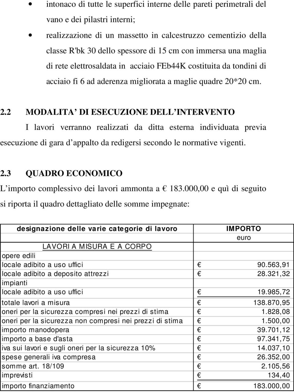 *20 cm. 2.2 MODALITA DI ESECUZIONE DELL INTERVENTO I lavori verranno realizzati da ditta esterna individuata previa esecuzione di gara d appalto da redigersi secondo le normative vigenti. 2.3 QUADRO ECONOMICO L importo complessivo dei lavori ammonta a 183.