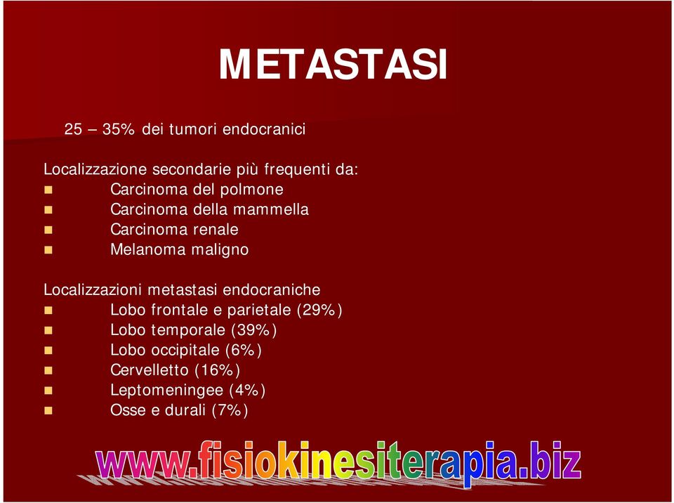 maligno Localizzazioni metastasi endocraniche Lobo frontale e parietale (29%) Lobo