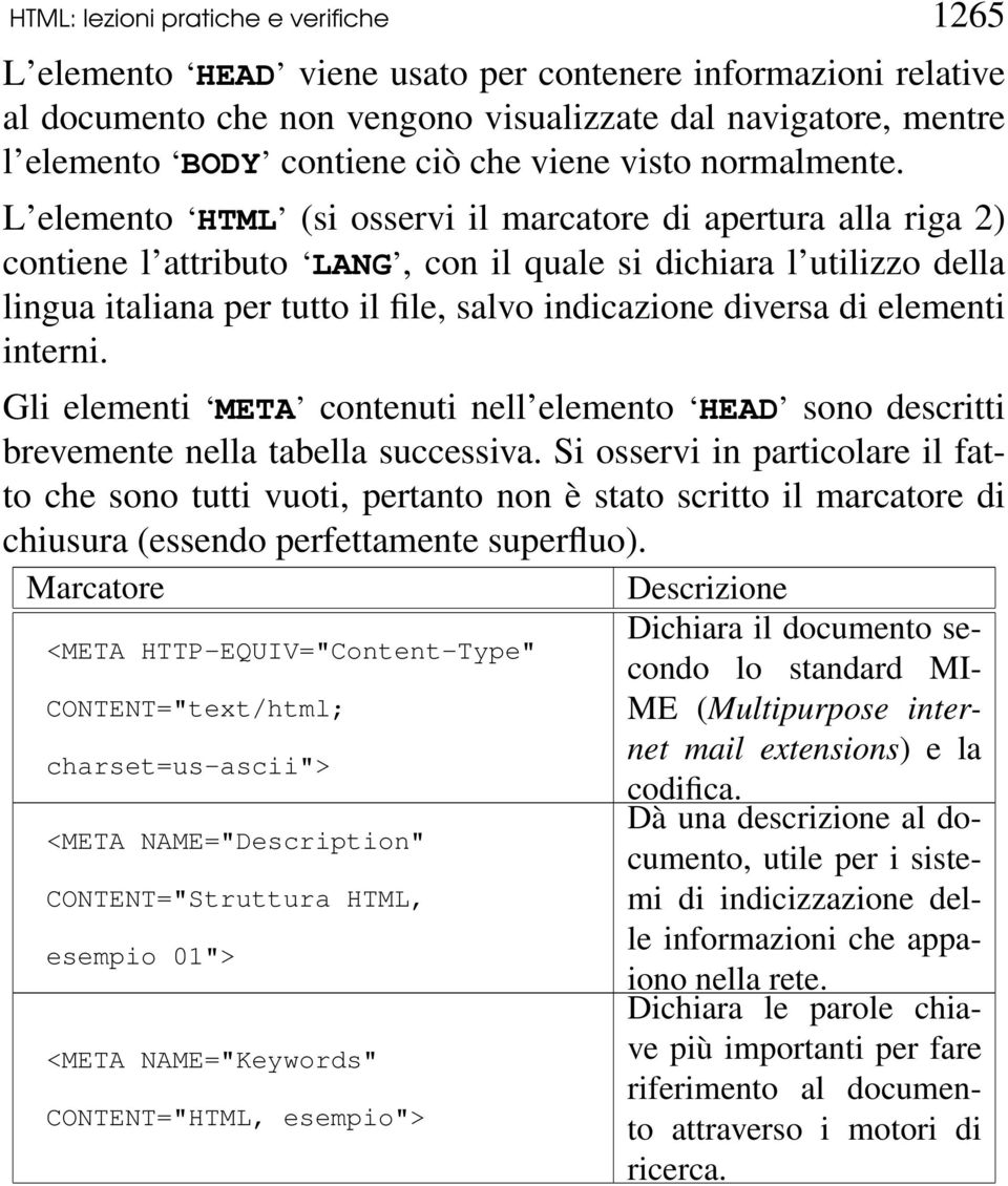 L elemento HTML (si osservi il marcatore di apertura alla riga 2) contiene l attributo LANG, con il quale si dichiara l utilizzo della lingua italiana per tutto il file, salvo indicazione diversa di