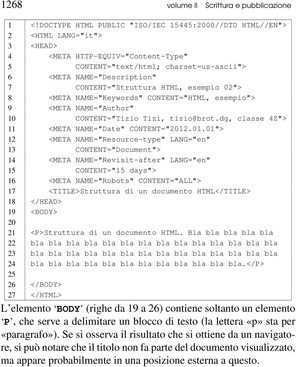 CONTENT="Struttura HTML, esempio 02"> 8 <META NAME="Keywords" CONTENT="HTML, esempio"> 9 <META NAME="Author" 10 CONTENT="Tizio Tizi, tizio@brot.dg, classe 4Z"> 11 <META NAME="Date" CONTENT="2012