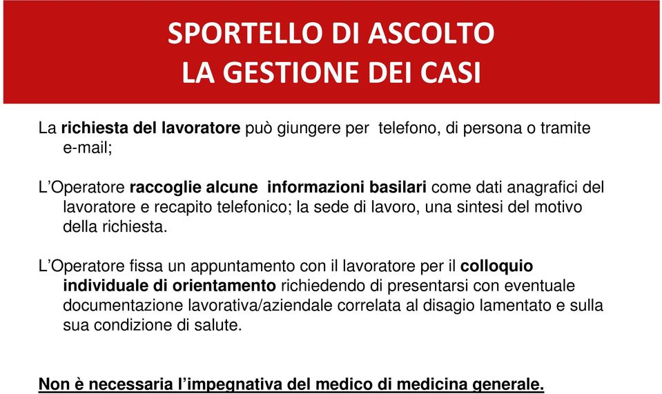 L Operatore fissa un appuntamento con il lavoratore per il colloquio individuale di orientamento richiedendo di presentarsi con eventuale