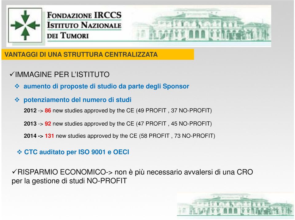 studies approved by the CE (47 PROFIT, 45 NO-PROFIT) 2014 -> 131 new studies approved by the CE (58 PROFIT, 73 NO-PROFIT)