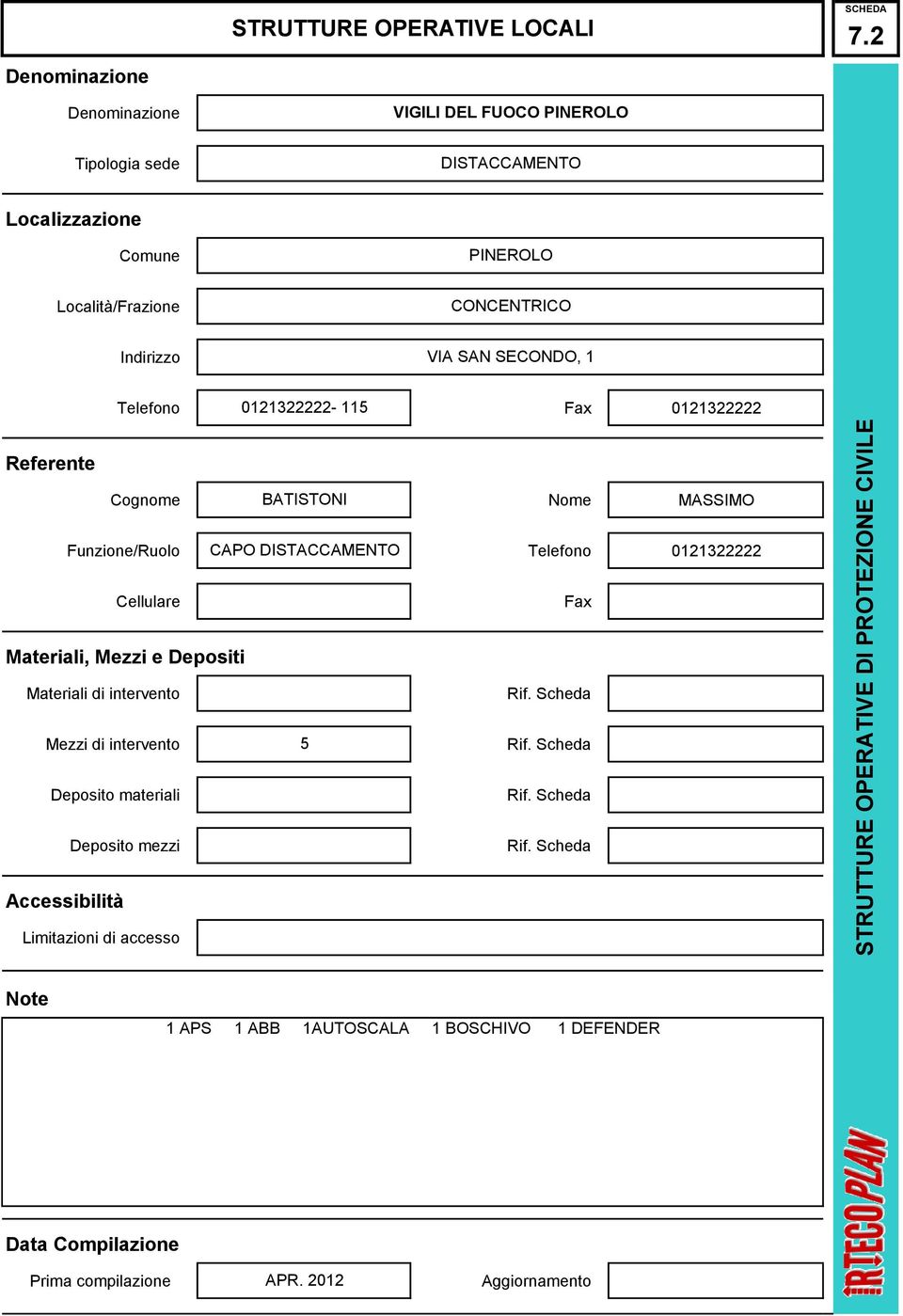 BATISTONI Nome MASSIMO Funzione/Ruolo CAPO DISTACCAMENTO 0121322222 Cellulare Materiali, Mezzi e Depositi