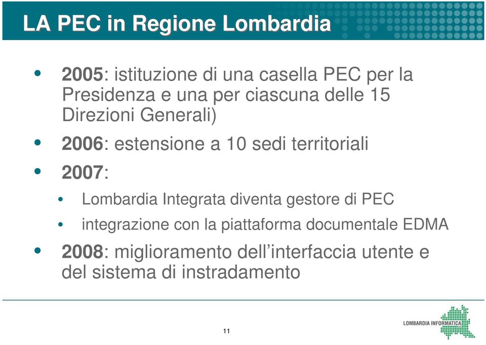 2007: Lombardia Integrata diventa gestore di PEC integrazione con la piattaforma