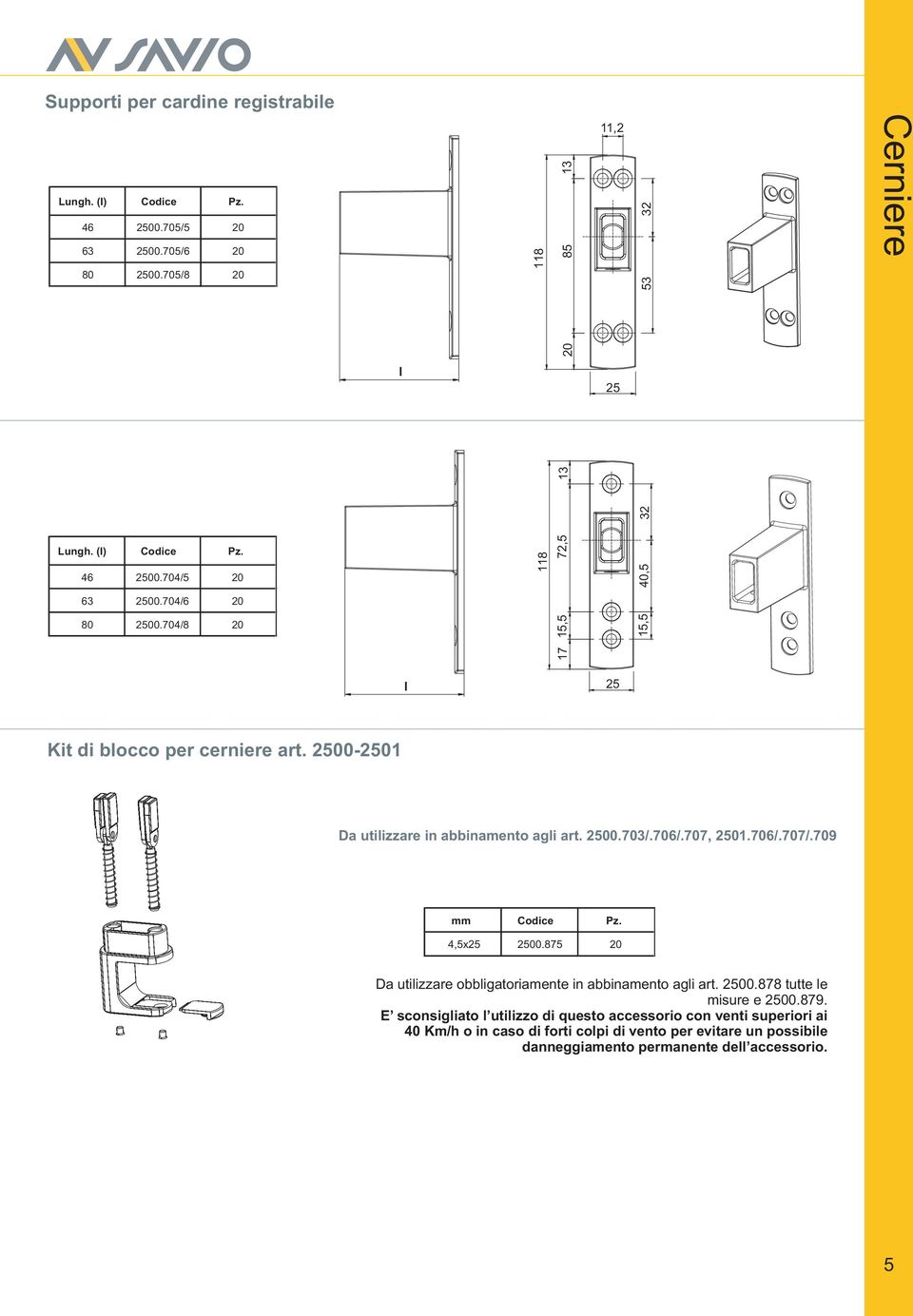 706/.707, 2501.706/.707/.709 mm 4,5x25 2500.875 20 Da utilizzare obbligatoriamente in abbinamento agli art. 2500.878 tutte le misure e 2500.879.