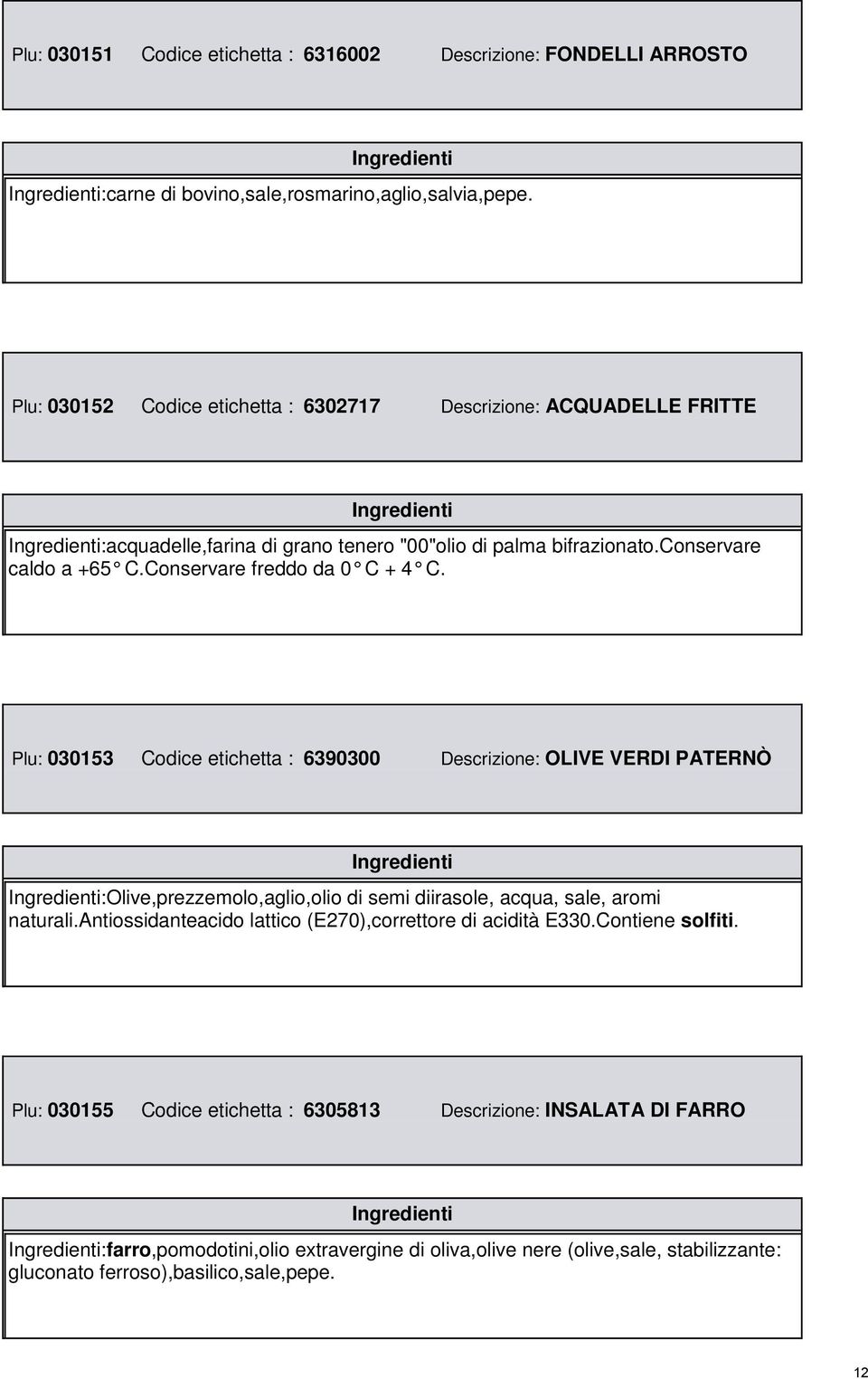 Conservare freddo da 0 C + 4 C. Plu: 030153 Codice etichetta : 6390300 Descrizione: OLIVE VERDI PATERNÒ :Olive,prezzemolo,aglio,olio di semi diirasole, acqua, sale, aromi naturali.