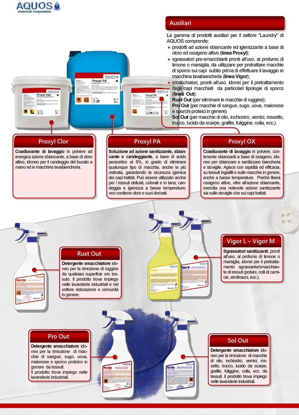 Vigor); smacchiatori, pronti all uso, idonei per il pretrattamento degli capi macchiati da particolari tipologie di sporco (linea Out): Rust Out (per eliminare le macchie di ruggine); Pro Out (per