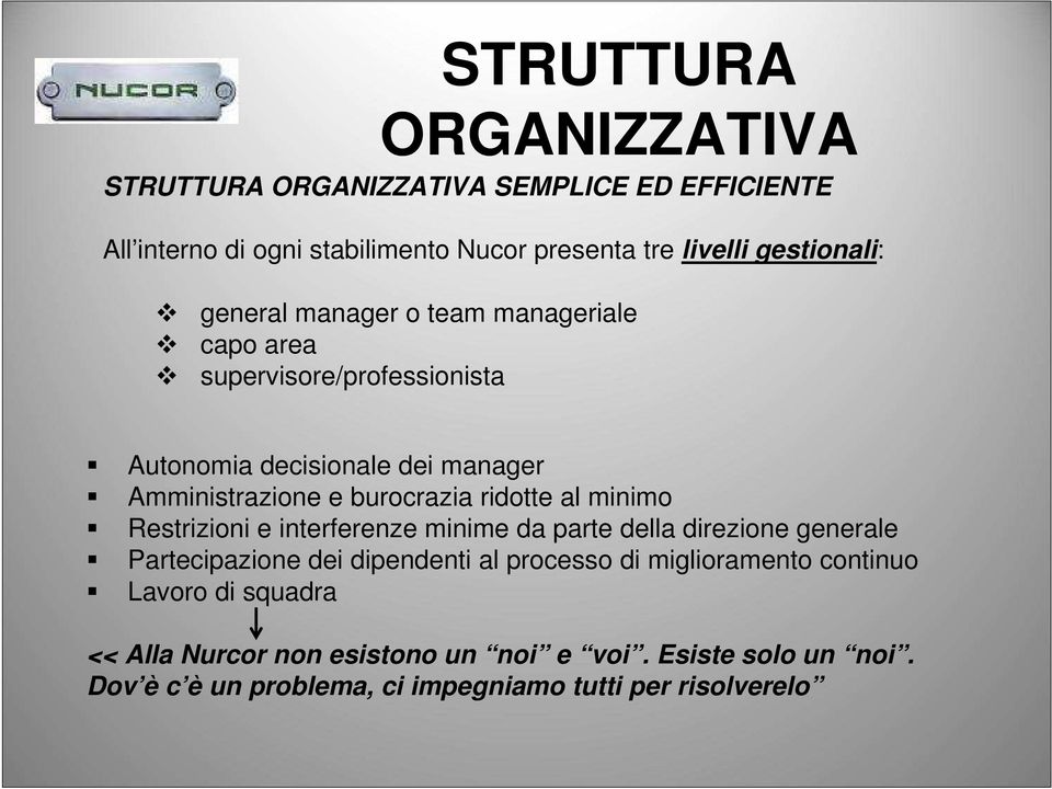 al minimo Restrizioni e interferenze minime da parte della direzione generale Partecipazione dei dipendenti al processo di miglioramento