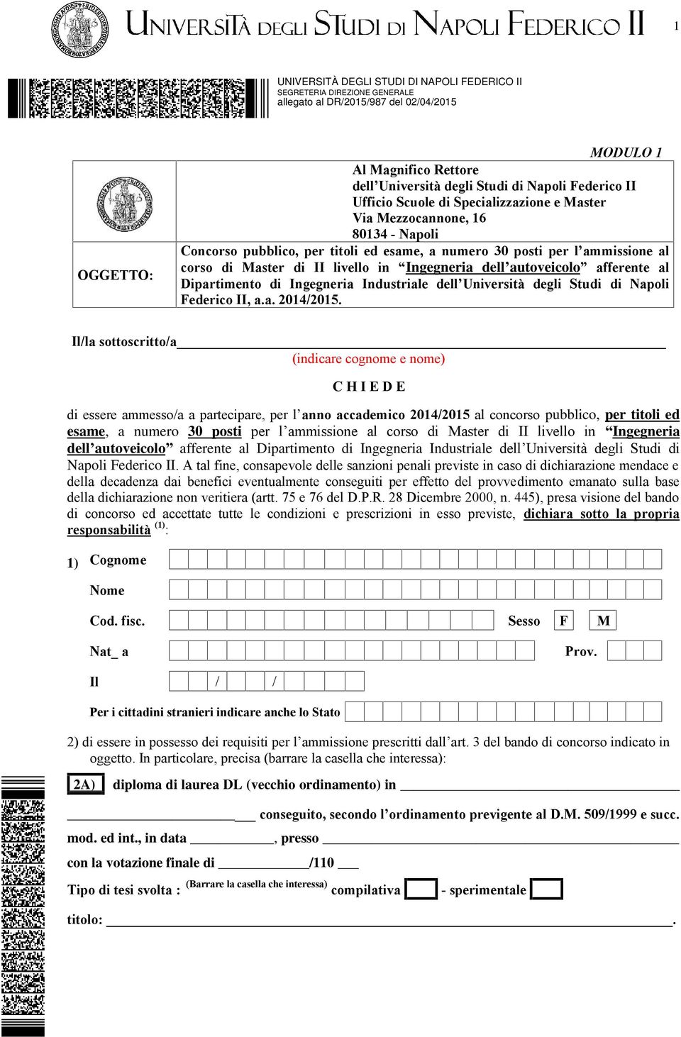 Ingegneria Industriale dell Università degli Studi di Napoli Federico II, a.a. 2014/2015.