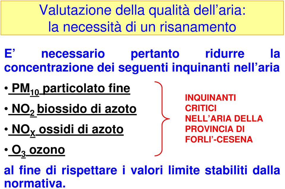 fine NO 2 biossido di azoto NO X ossidi di azoto O 3 ozono INQUINANTI CRITICI NELL ARIA