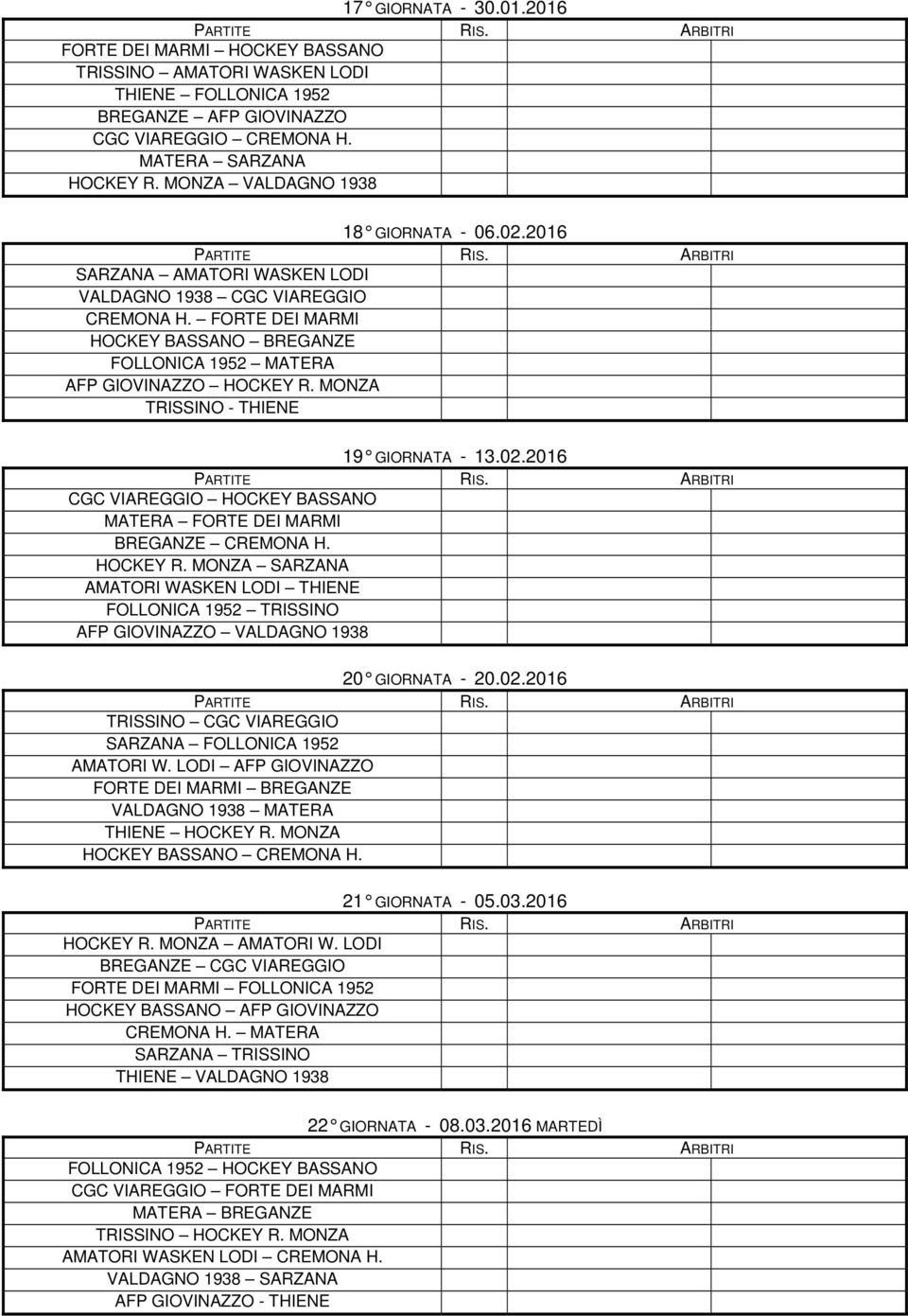 MONZA TRISSINO - THIENE 19 GIORNATA - 13.02.2016 CGC VIAREGGIO HOCKEY BASSANO MATERA FORTE DEI MARMI BREGANZE CREMONA H. HOCKEY R.