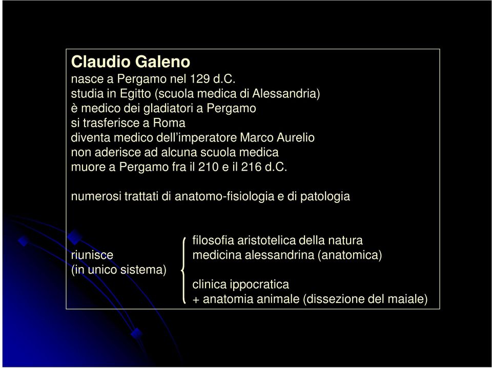 studia in Egitto (scuola medica di Alessandria) è medico dei gladiatori a Pergamo si trasferisce a Roma diventa medico