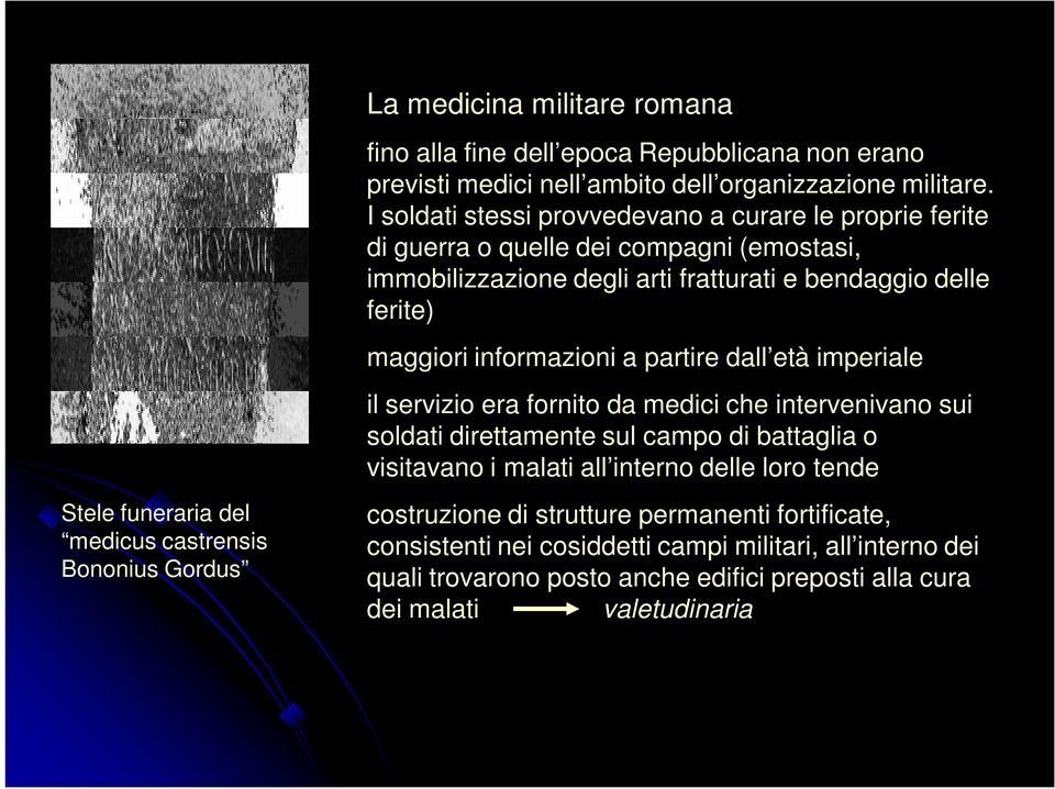 I soldati stessi provvedevano a curare le proprie ferite di guerra o quelle dei compagni (emostasi, immobilizzazione degli arti fratturati e bendaggio delle ferite) maggiori