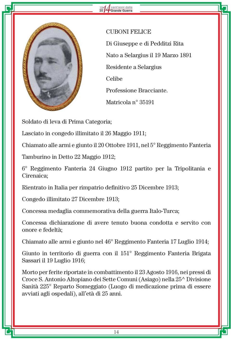 24 Giugno 1912 partito per la Tripolitania e Cirenaica; Rientrato in Italia per rimpatrio definitivo 25 Dicembre 1913; Congedo illimitato 27 Dicembre 1913; Concessa medaglia commemorativa della