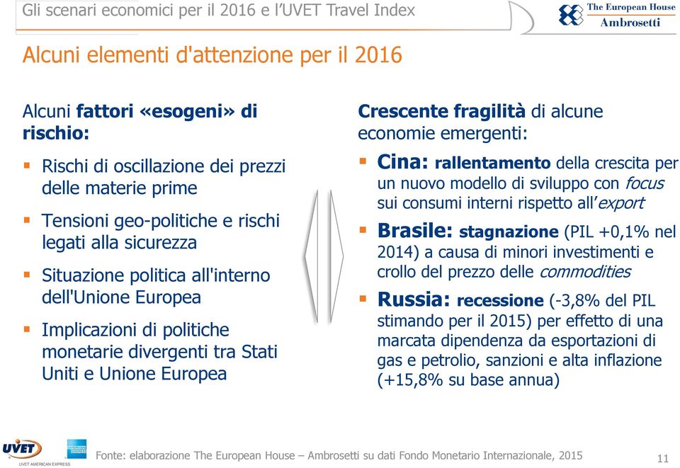 crescita per un nuovo modello di sviluppo con focus sui consumi interni rispetto all export Brasile: stagnazione (PIL +0,1% nel 2014) a causa di minori investimenti e crollo del prezzo delle