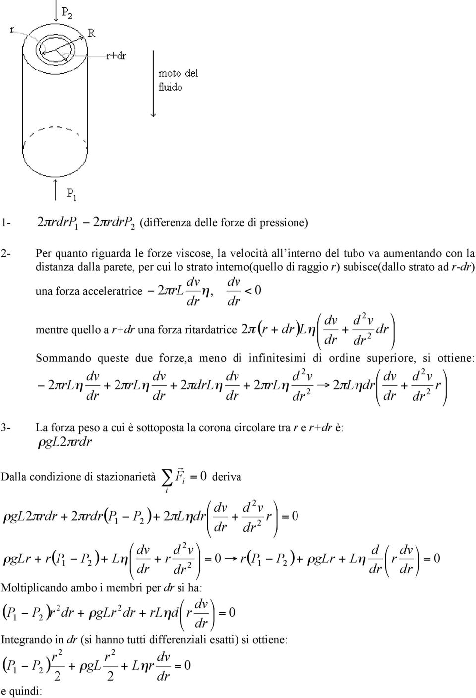 due forze,a meno di infinitesimi di ordine superiore, si ottiene: dv dv dv d v dv d v π rl η + πrlη + πdrlη + πrlη πlηdr + r dr dr dr dr dr dr 3- La forza peso a cui è sottoposta la corona circolare