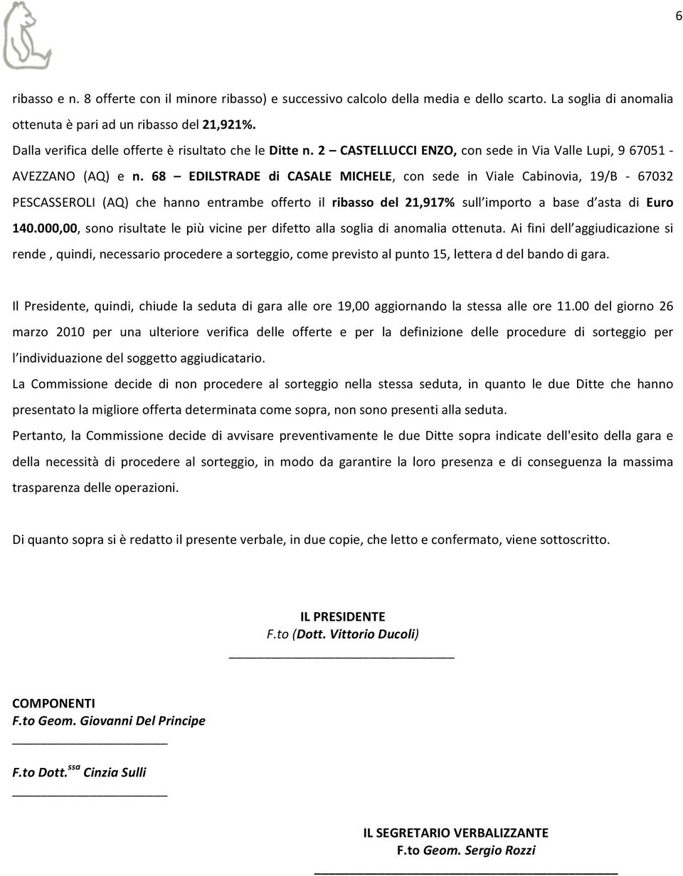 68 EDILSTRADE di CASALE MICHELE, con sede in Viale Cabinovia, 19/B 67032 PESCASSEROLI (AQ) che hanno entrambe offerto il ribasso del 21,917% sull importo a base d asta di Euro 140.
