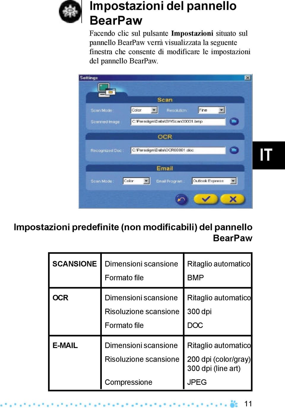 IT Impostazioni predefinite (non modificabili) del pannello BearPaw SCANSIONE Dimensioni scansione Ritaglio automatico Formato file BMP OCR