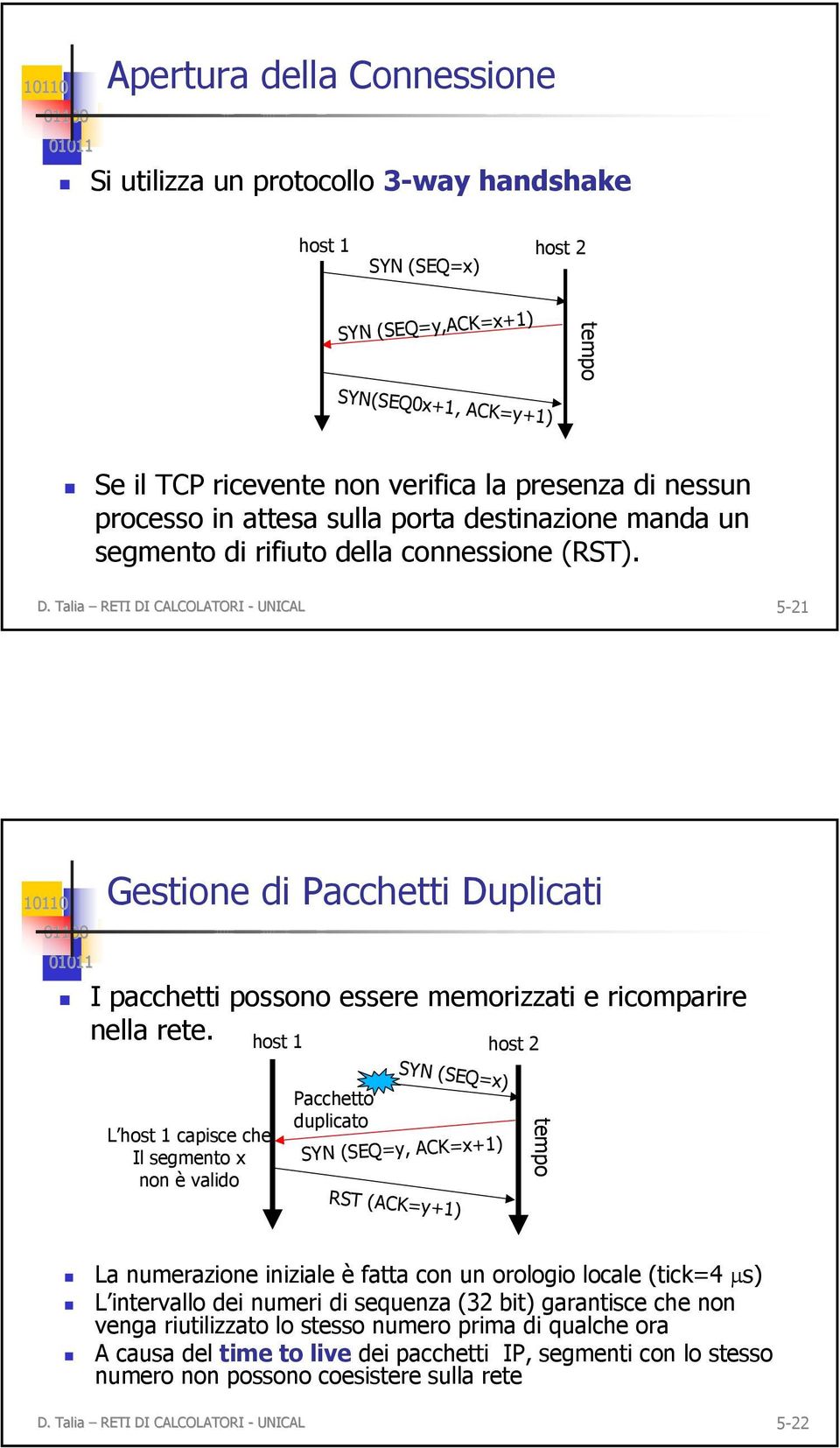 Talia RETI DI CALCOLATORI - UNICAL 5-21 Gestione di Pacchetti Duplicati I pacchetti possono essere memorizzati e ricomparire nella rete.