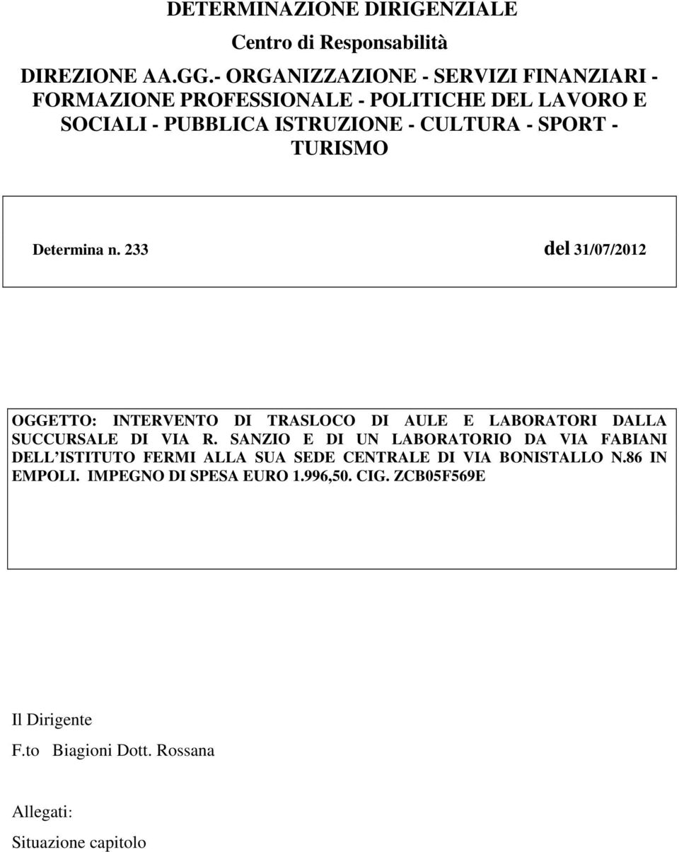 ISTRUZIONE - CULTURA - SPORT - TURISMO Determina n.