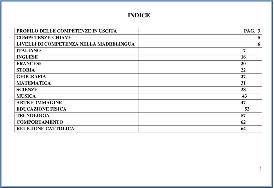 INGLESE 16 FRANCESE 20 STORIA 22 GEOGRAFIA 27 MATEMATICA 31 SCIENZE 38