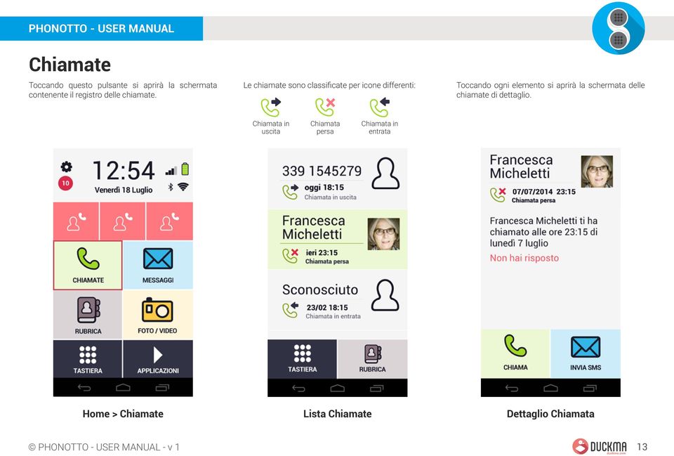 Le chiamate sono classificate per icone differenti: Toccando ogni elemento si