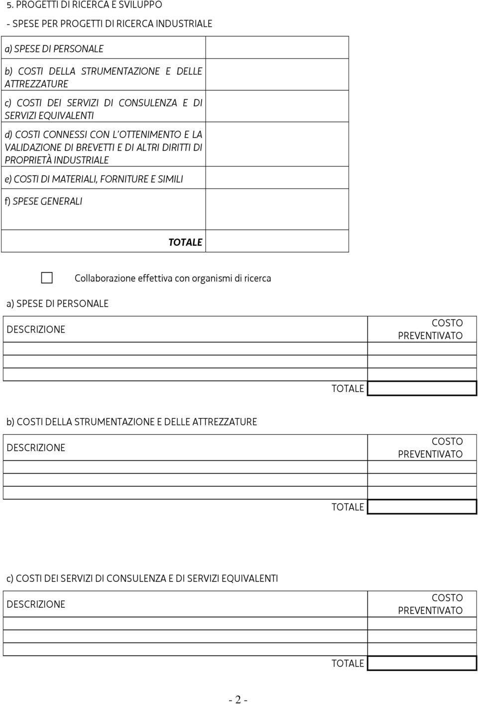 DI ALTRI DIRITTI DI PROPRIETÀ INDUSTRIALE e) COSTI DI MATERIALI, FORNITURE E SIMILI f) SPESE GENERALI a) SPESE DI PERSONALE Collaborazione