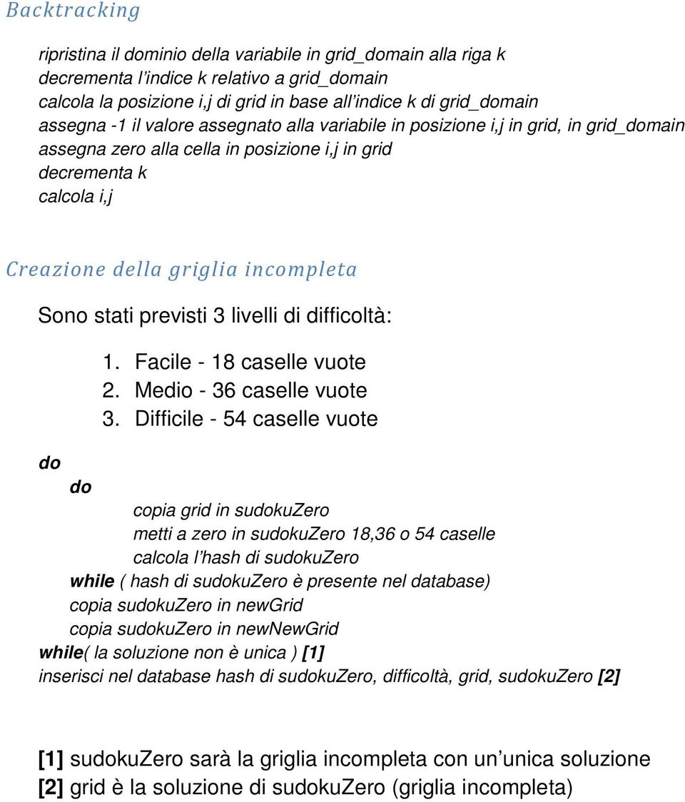 previsti 3 livelli di difficoltà: 1. Facile - 18 caselle vuote 2. Medio - 36 caselle vuote 3.