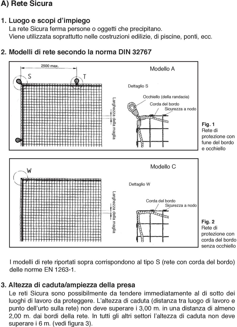 Modelli di rete secondo la norma DIN 32767 Modello A Dettaglio S Occhiello (della randacia) Corda del bordo Sicurezza a nodo Fig.