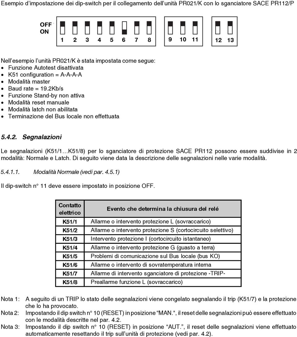 2Kb/s Funzione Stand-by non attiva Modalità reset manuale Modalità latch non abilitata Terminazione del Bus locale non effettuata 5.4.2. Segnalazioni Le segnalazioni (/1 /8) per lo sganciatore di protezione SACE PR112 possono essere suddivise in 2 modalità: Normale e Latch.