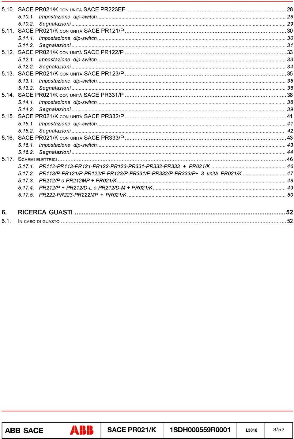 14. SACE PR021/K CON UNITÀ SACE PR331/P... 38 5.14.1. Impostazione dip-switch... 38 5.14.2. Segnalazioni... 39 5.15. SACE PR021/K CON UNITÀ SACE PR332/P... 41 5.15.1. Impostazione dip-switch... 41 5.15.2. Segnalazioni... 42 5.