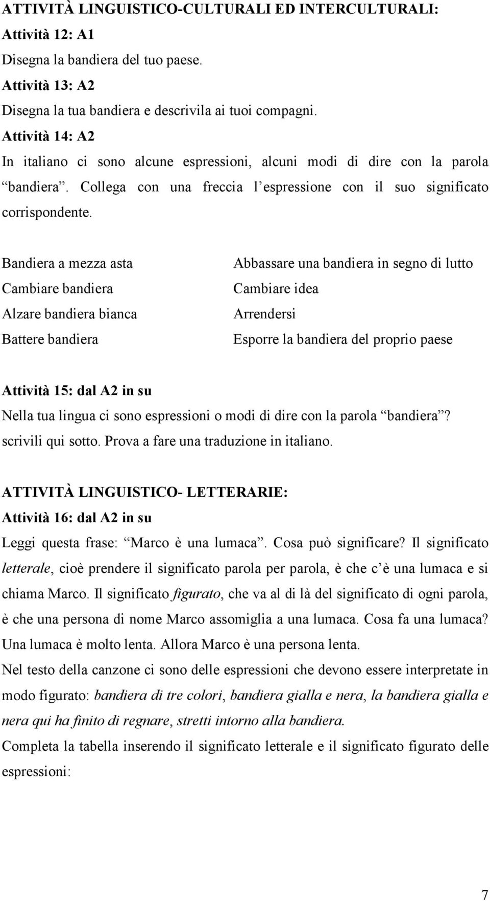 Bandiera a mezza asta Cambiare bandiera Alzare bandiera bianca Battere bandiera Abbassare una bandiera in segno di lutto Cambiare idea Arrendersi Esporre la bandiera del proprio paese Attività 15: