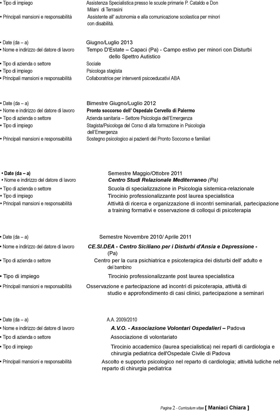 2012 Pronto soccorso dell Ospedale Cervello di Palermo Azienda sanitaria Settore Psicologia dell Emergenza Stagista/Psicologa del Corso di alta formazione in Psicologia dell Emergenza Sostegno