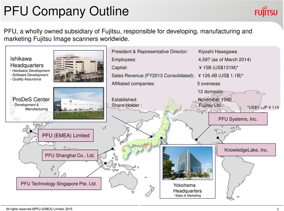 Hasegawa Employees: 4,597 (as of March 2014) Capital: 15B (US$131M)* Sales Revenue (FY2013 Consolidated): 126.4B (US$ 1.