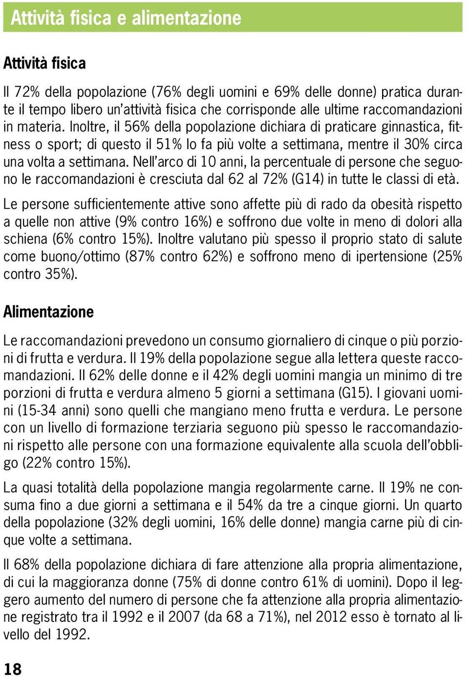 Nell arco di 10, la percentuale di persone che seguono le raccomandazioni è cresciuta dal 62 al 72% (G14) in tutte le classi di età.