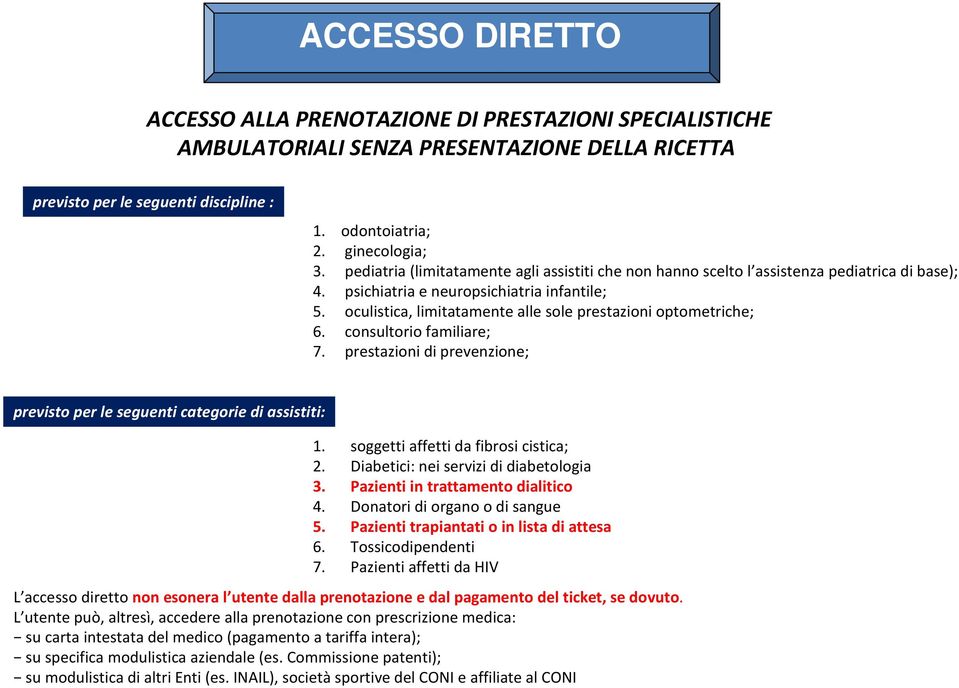 oculistica, limitatamente alle sole prestazioni optometriche; 6. consultorio familiare; 7. prestazioni di prevenzione; previsto per le seguenti categorie di assistiti: 1.