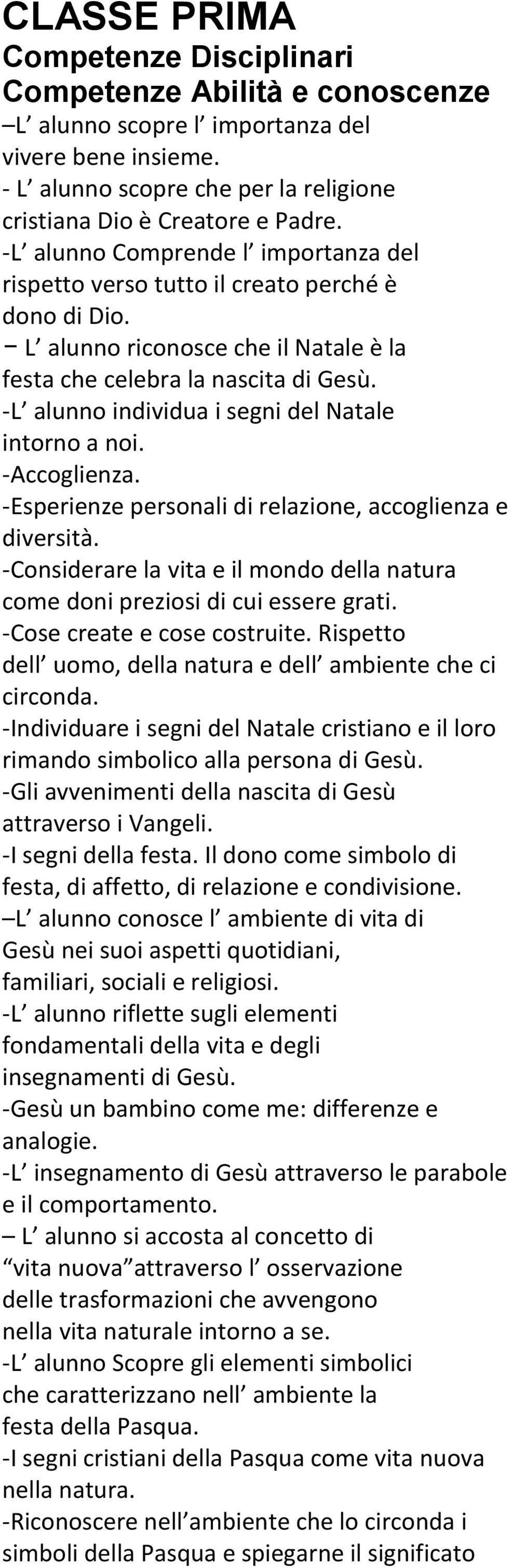 -L alunno individua i segni del Natale intorno a noi. -Accoglienza. -Esperienze personali di relazione, accoglienza e diversità.