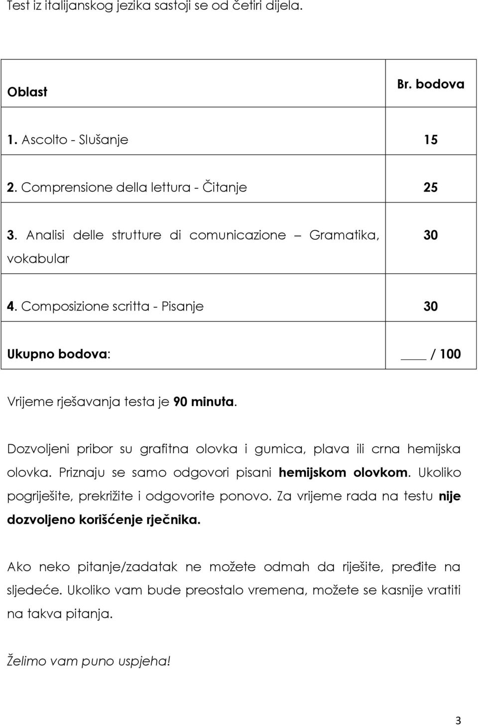 Dozvoljeni pribor su grafitna olovka i gumica, plava ili crna hemijska olovka. Priznaju se samo odgovori pisani hemijskom olovkom. Ukoliko pogriješite, prekrižite i odgovorite ponovo.